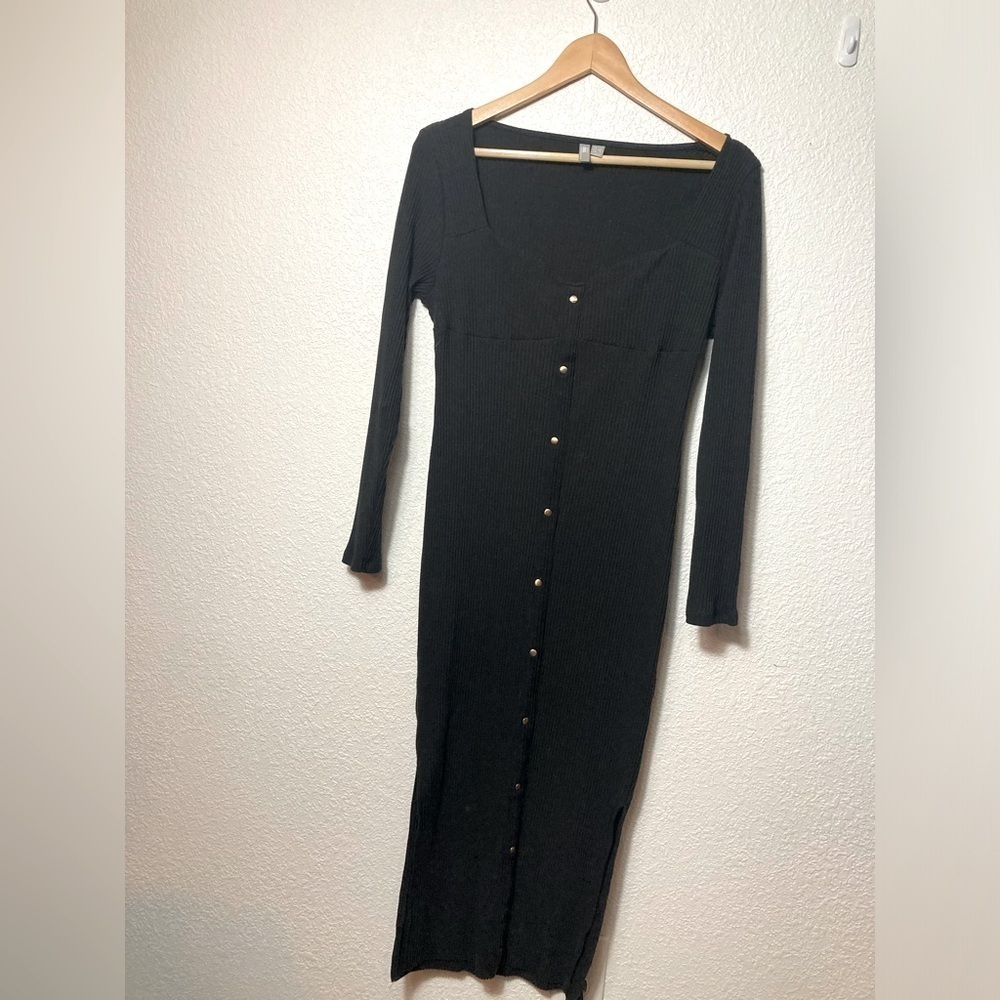ASOS US 8 black ribbed knit babydoll maxi dress sweetheart neck slit skirt